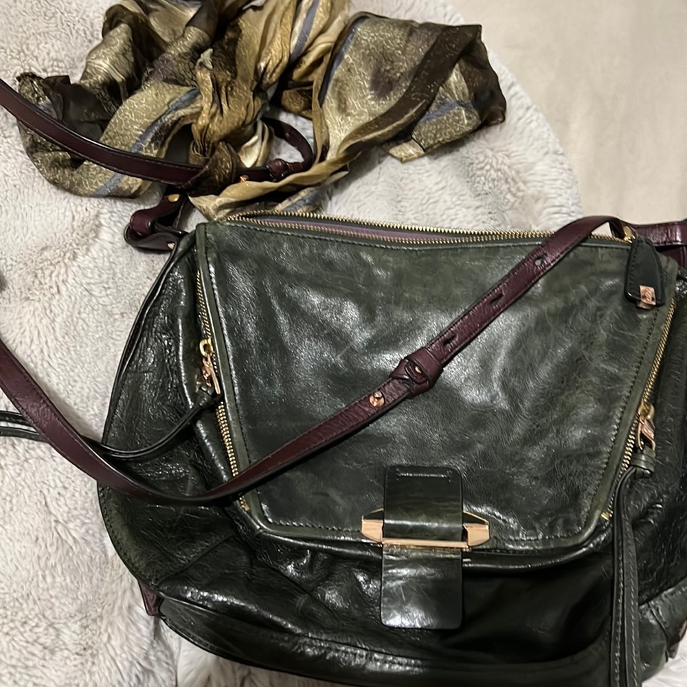 Kooba green and purple crossbody leather bag with silk scarf